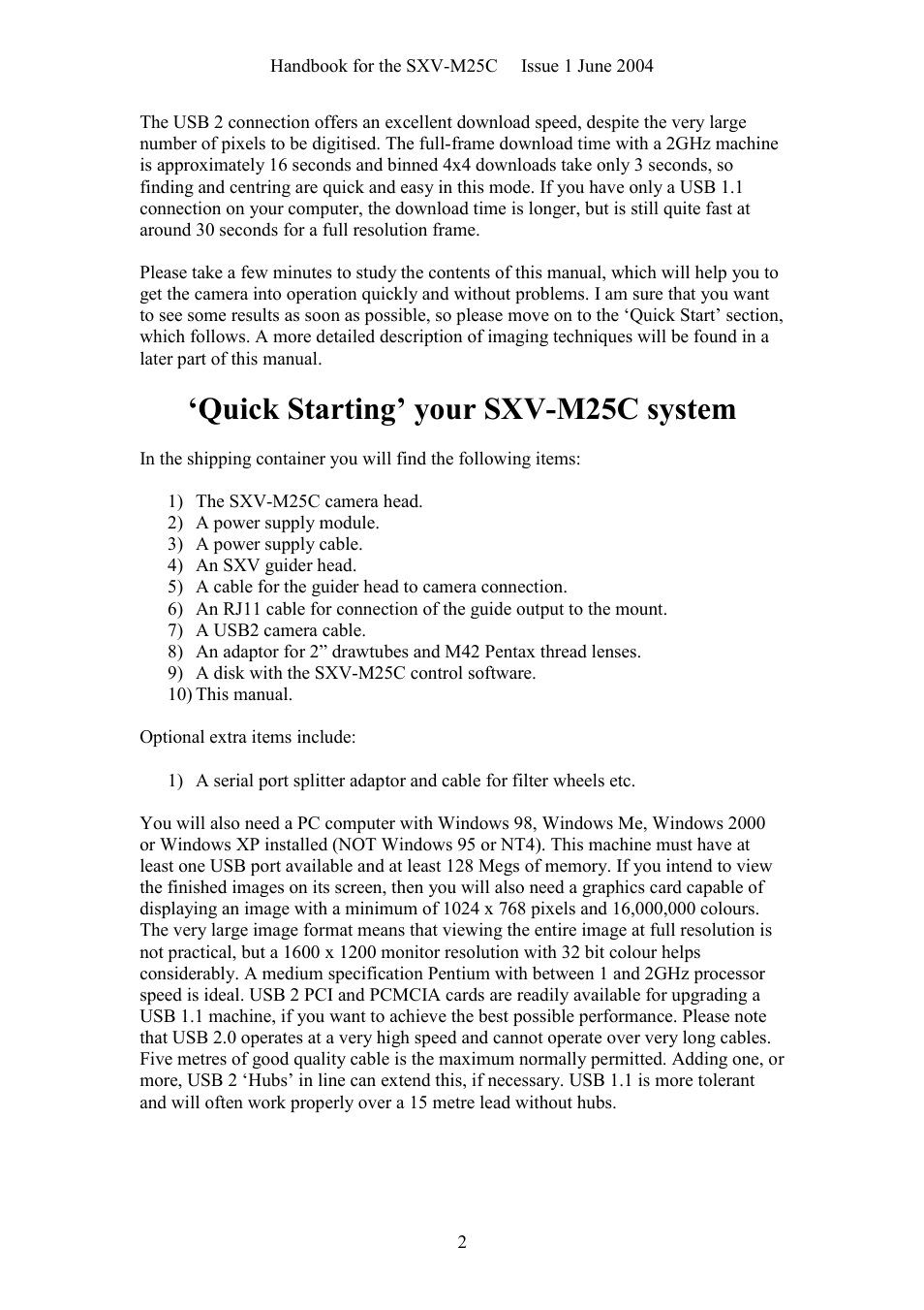 Quick starting’ your sxv-m25c system | Starlight Xpress SXV-M25C User Manual | Page 2 / 33