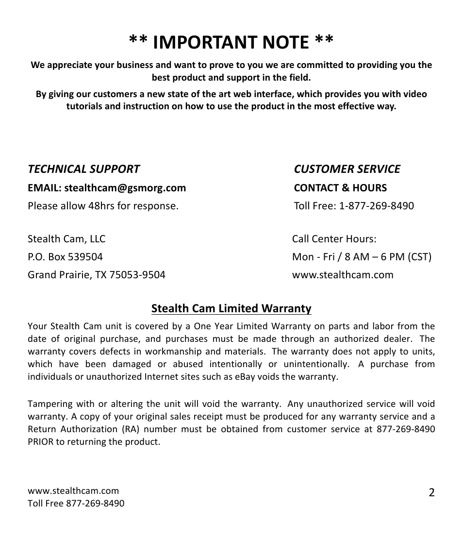 Technical support customer service, Stealth cam limited warranty | Stealth Cam STC-NVM Night Vision Monocular User Manual | Page 2 / 7