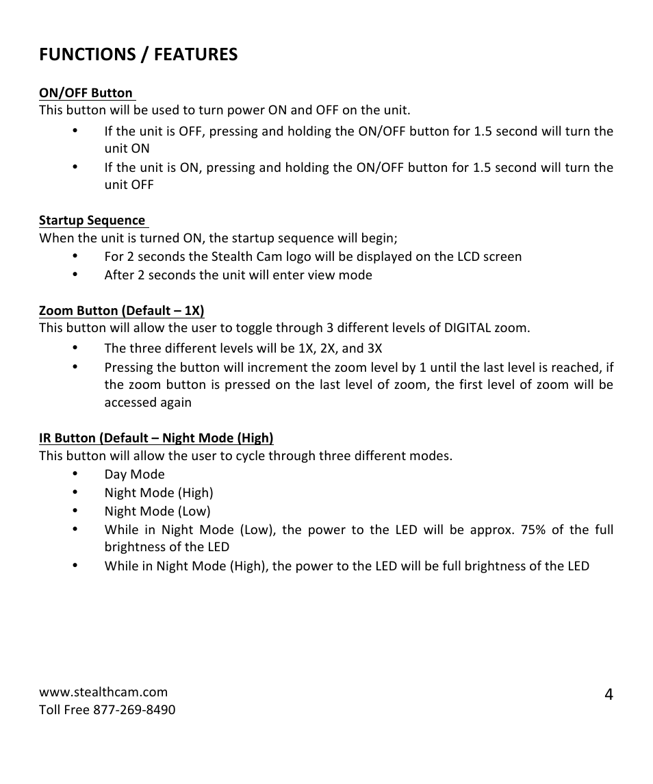 Functions / features | Stealth Cam STC-NVM Night Vision Monocular User Manual | Page 4 / 7