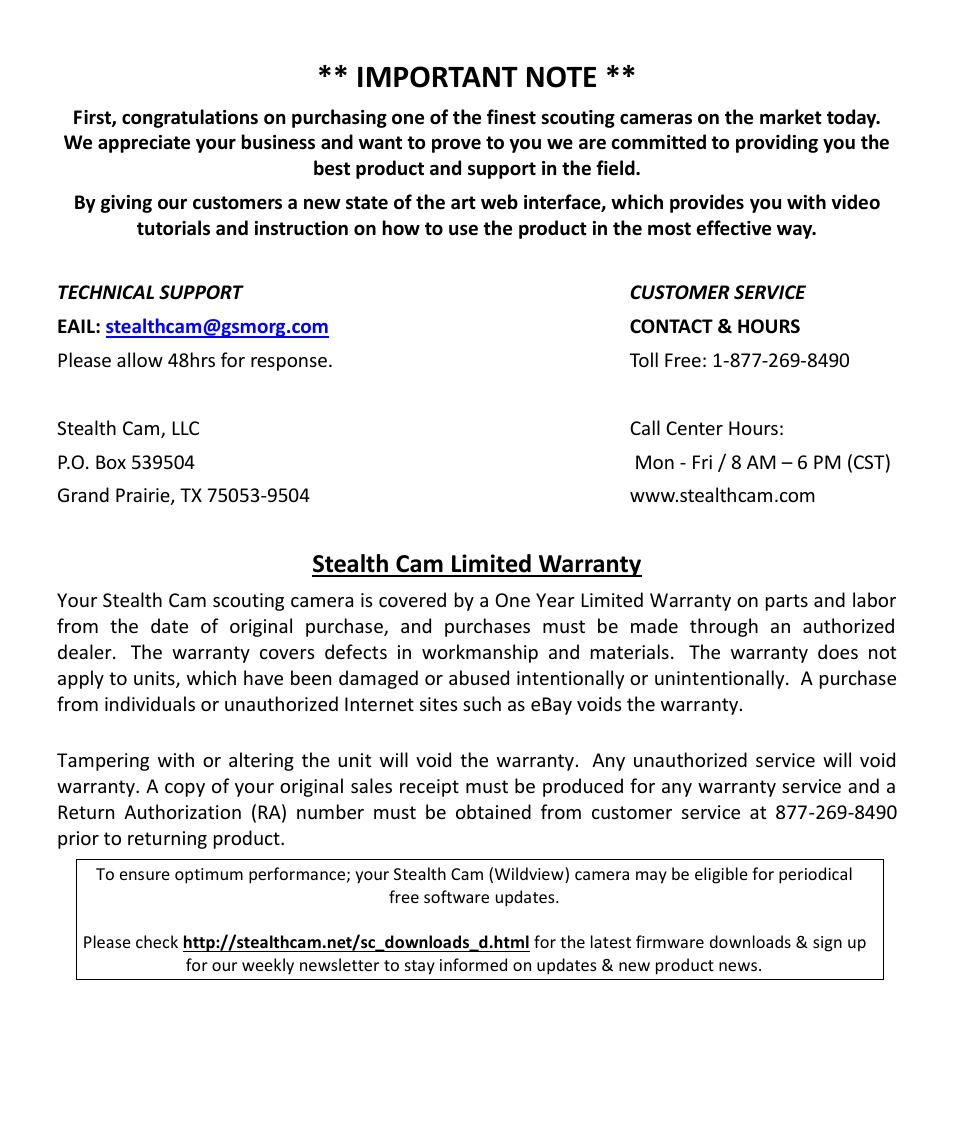 Stealth cam limited warranty | Stealth Cam STC-Z3IRTL Core User Manual | Page 2 / 38