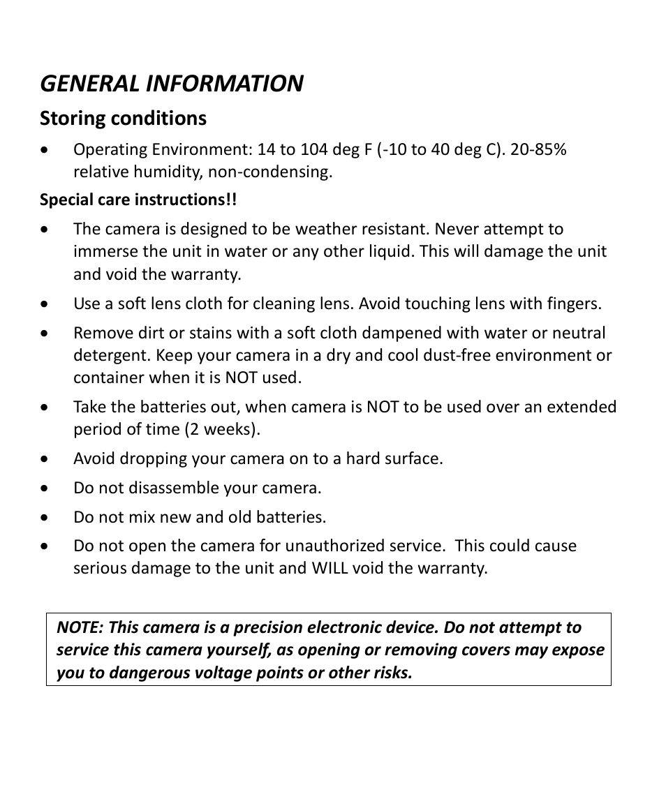 General information, Storing conditions | Stealth Cam STC-Z3IRTL Core User Manual | Page 9 / 38