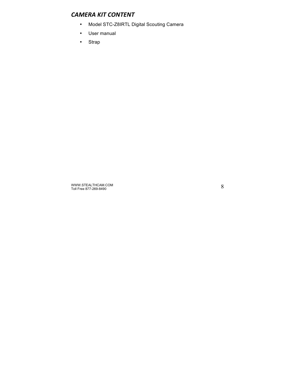 Camera kit content | Stealth Cam STC-Z8IRTL Core 8 User Manual | Page 8 / 38