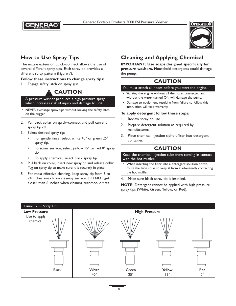 How to use spray tips, Cleaning and applying chemical, Caution | Briggs & Stratton 1418-2 User Manual | Page 10 / 24