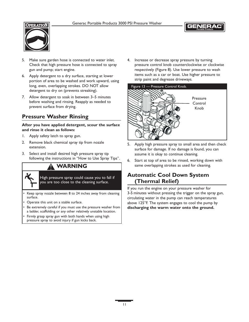 Pressure washer rinsing, Automatic cool down system (thermal relief), Warning | Briggs & Stratton 1418-2 User Manual | Page 11 / 24