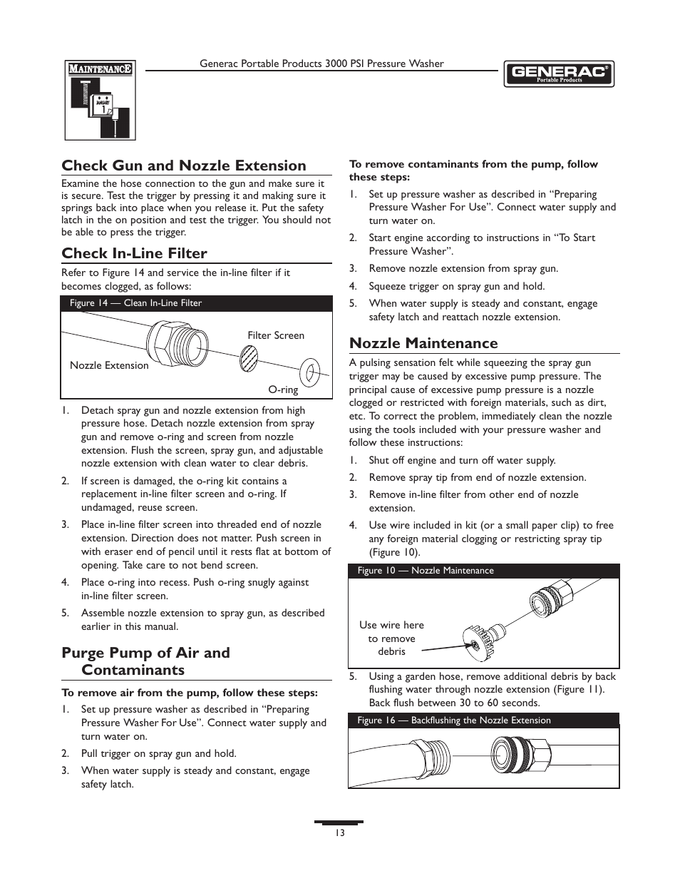 Check gun and nozzle extension, Check in-line filter, Purge pump of air and contaminants | Nozzle maintenance | Briggs & Stratton 1418-2 User Manual | Page 13 / 24