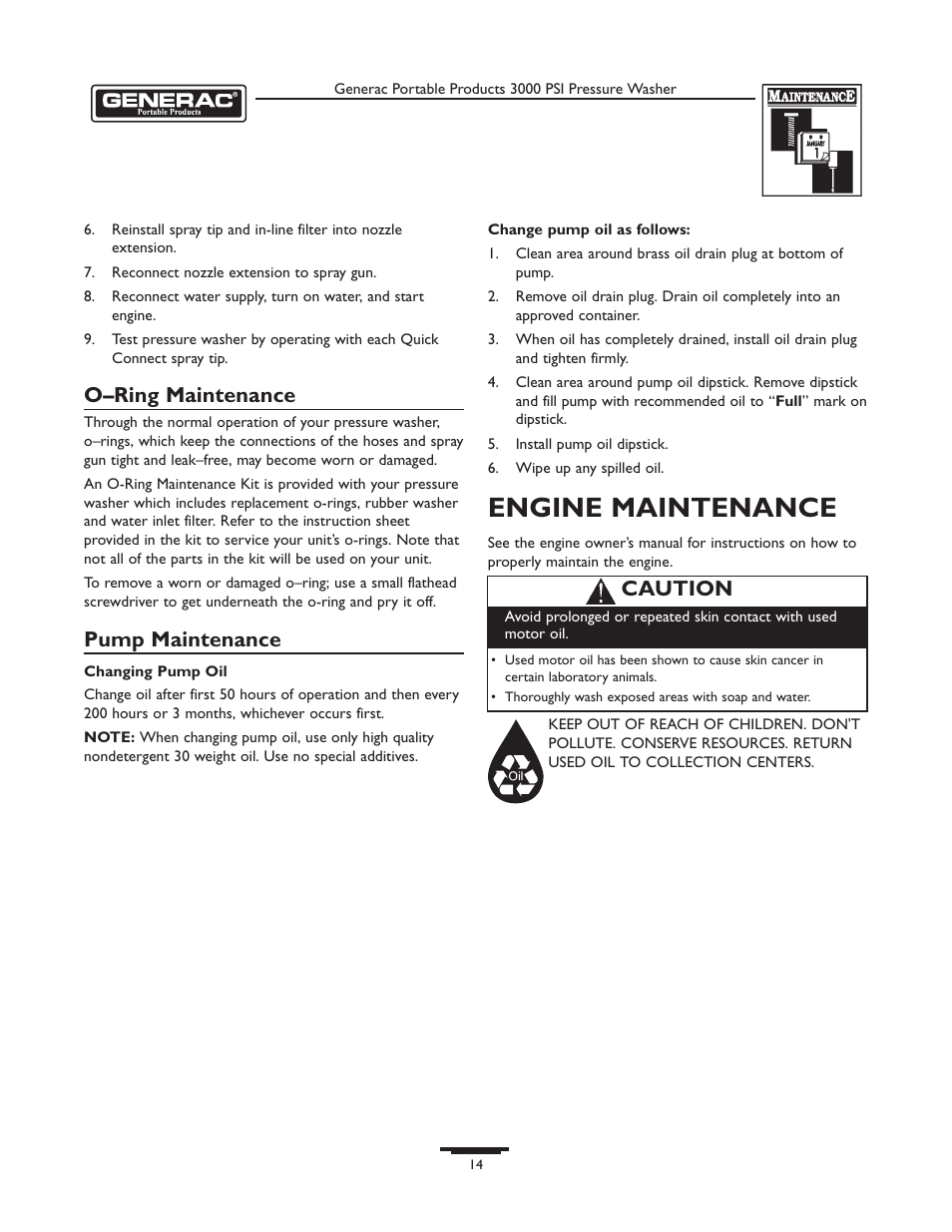 Engine maintenance, O–ring maintenance, Pump maintenance | Caution | Briggs & Stratton 1418-2 User Manual | Page 14 / 24