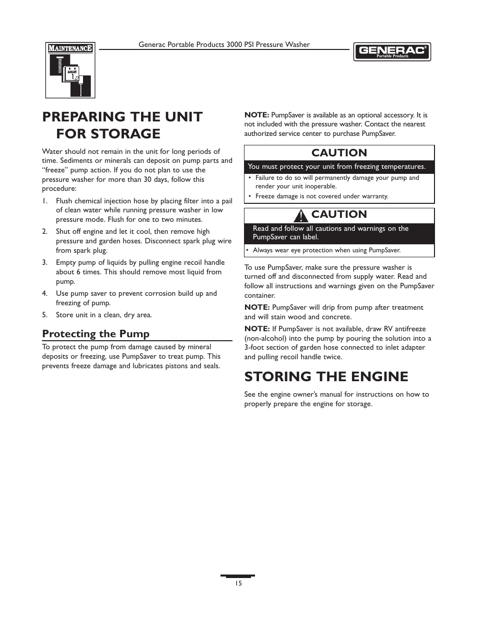 Preparing the unit for storage, Storing the engine, Protecting the pump | Caution | Briggs & Stratton 1418-2 User Manual | Page 15 / 24