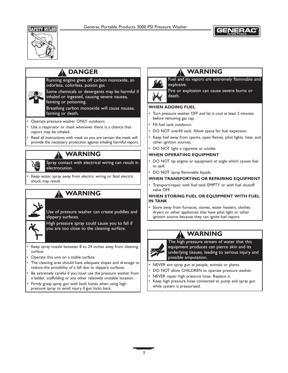Warning, Danger | Briggs & Stratton 1418-2 User Manual | Page 3 / 24