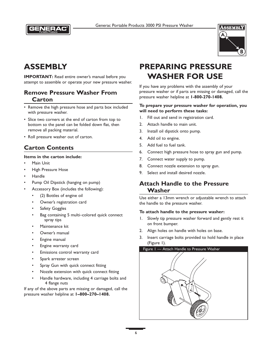 Assembly, Preparing pressure washer for use, Remove pressure washer from carton | Carton contents, Attach handle to the pressure washer | Briggs & Stratton 1418-2 User Manual | Page 6 / 24