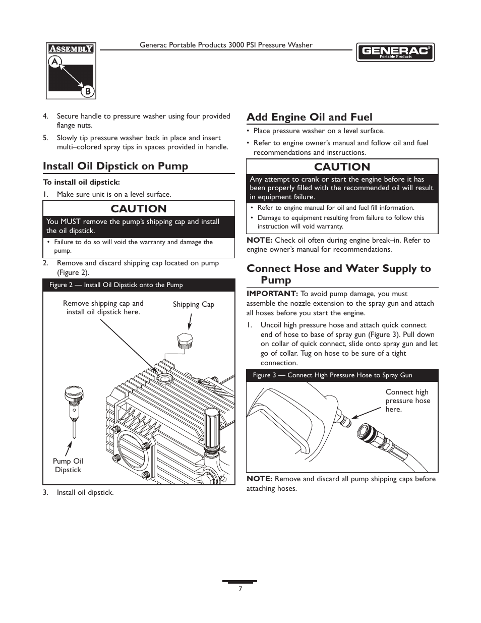 Install oil dipstick on pump, Add engine oil and fuel, Connect hose and water supply to pump | Caution | Briggs & Stratton 1418-2 User Manual | Page 7 / 24