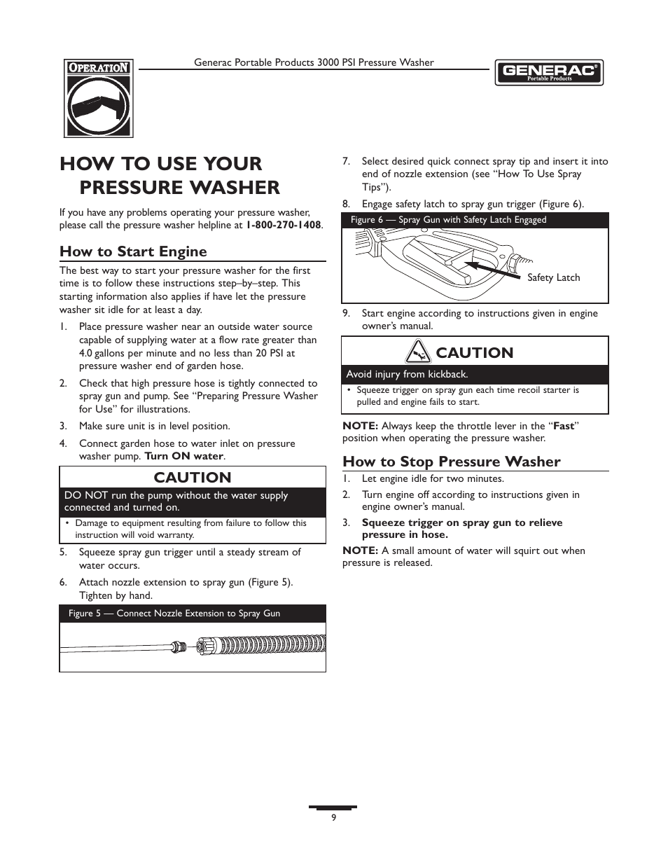 How to use your pressure washer, How to start engine, How to stop pressure washer | Caution | Briggs & Stratton 1418-2 User Manual | Page 9 / 24