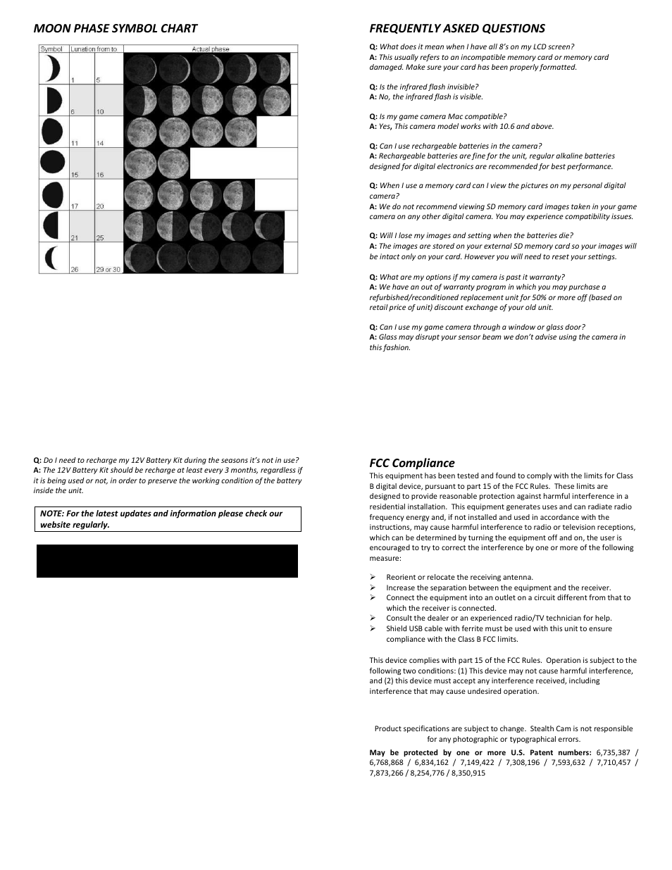 Moon phase symbol chart, Frequently asked questions, Fcc compliance | Stealth Cam STC-SK724 Skout 7 User Manual | Page 10 / 10