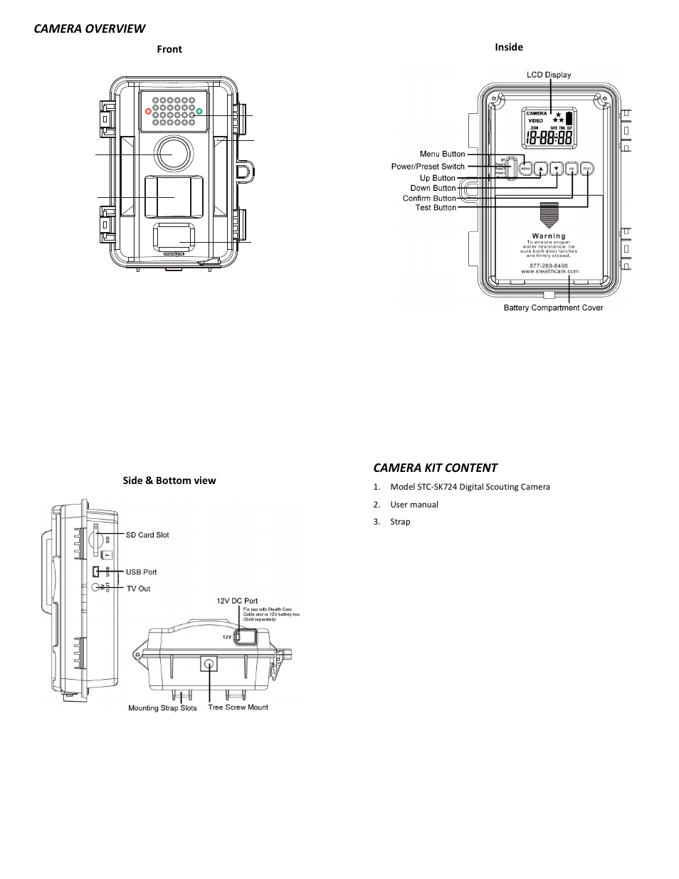 Camera overview, Camera kit content | Stealth Cam STC-SK724 Skout 7 User Manual | Page 2 / 10