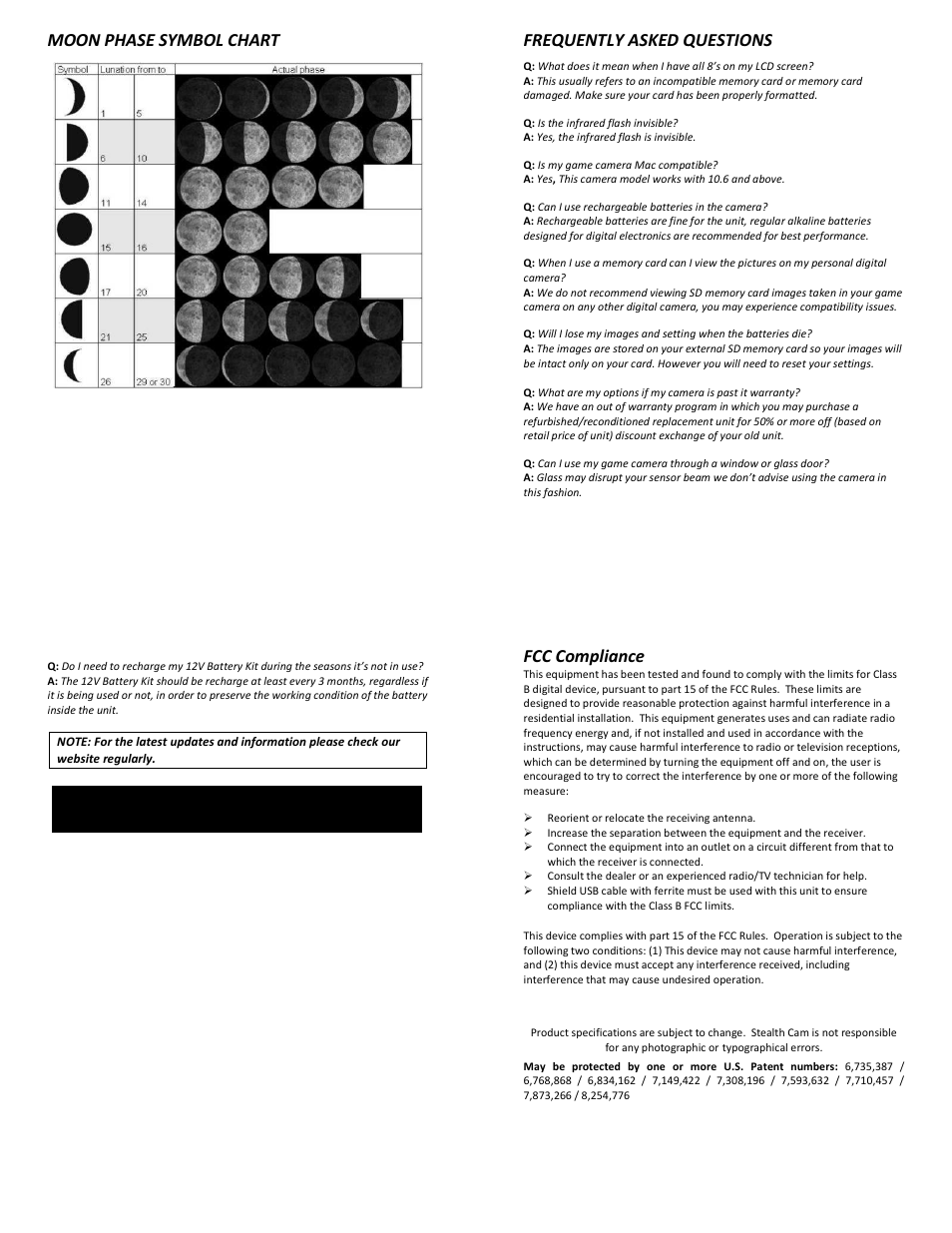 Moon phase symbol chart, Frequently asked questions, Fcc compliance | Stealth Cam STC-SK732NG Skout No Glo User Manual | Page 10 / 10