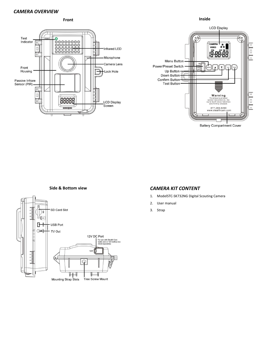 Camera overview, Camera kit content | Stealth Cam STC-SK732NG Skout No Glo User Manual | Page 2 / 10