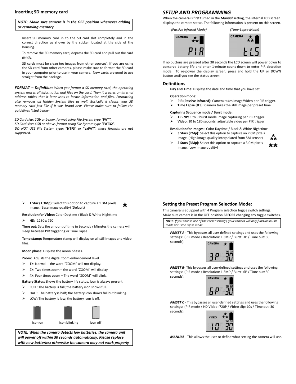 Setup and programming, Definitions, 16 setting the preset program selection mode | Stealth Cam STC-SK732NG Skout No Glo User Manual | Page 4 / 10