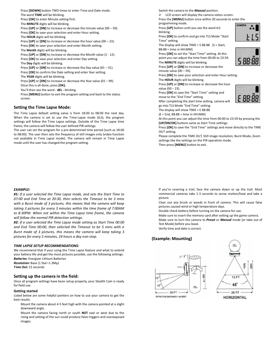 Setting the time lapse mode, Setting up the camera in the field, Example: mounting) | Stealth Cam STC-SK732NG Skout No Glo User Manual | Page 6 / 10