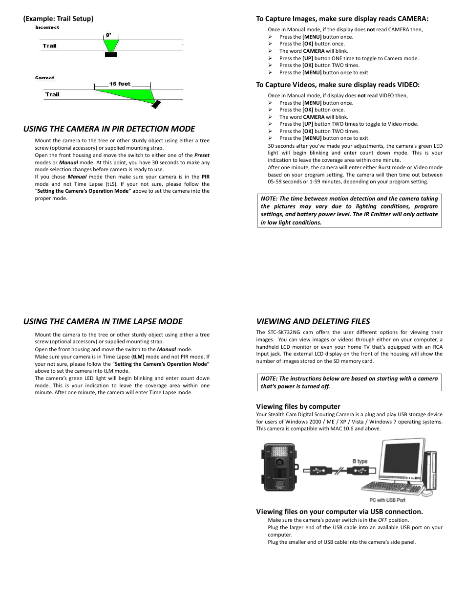 Using the camera in pir detection mode, Using the camera in time lapse mode, Viewing and deleting files | Stealth Cam STC-SK732NG Skout No Glo User Manual | Page 7 / 10