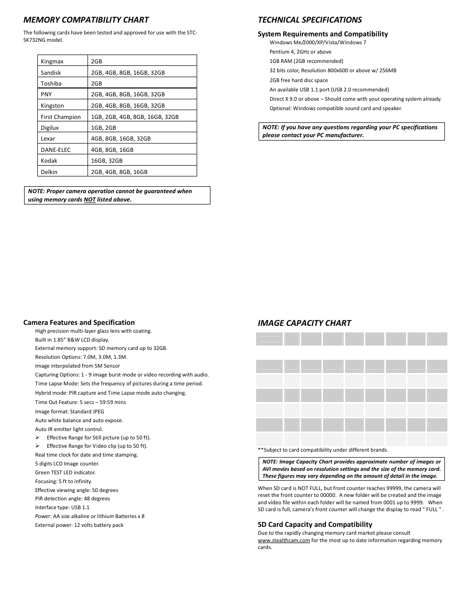 Technical specifications, Image capacity chart, System requirements and compatibility | 35 camera features and specification, Sd card capacity and compatibility | Stealth Cam STC-SK732NG Skout No Glo User Manual | Page 9 / 10