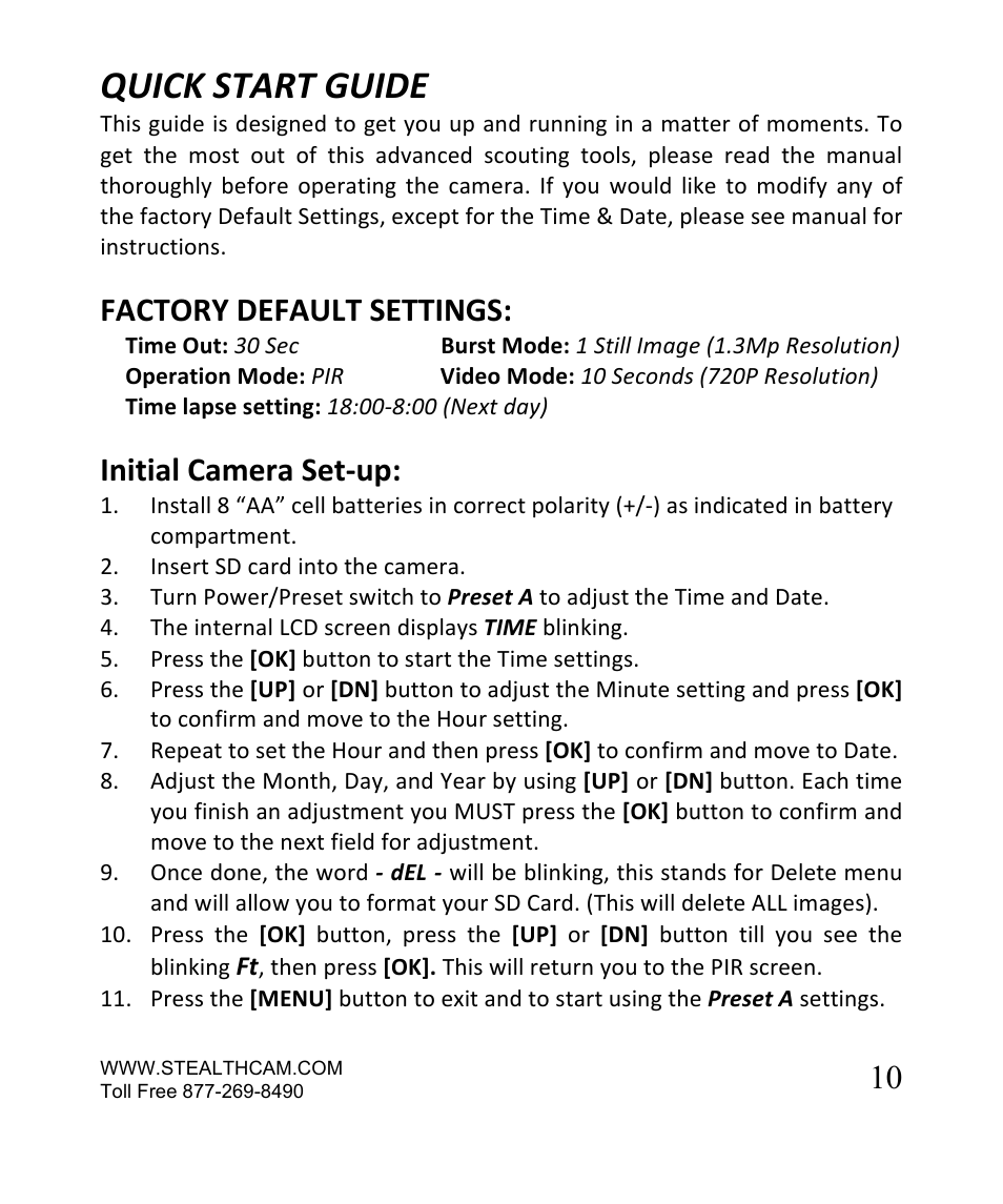 Quick start guide, Factory default settings, Initial camera set-­‐up | Stealth Cam STC-SN854NG Sniper Shadow User Manual | Page 10 / 40