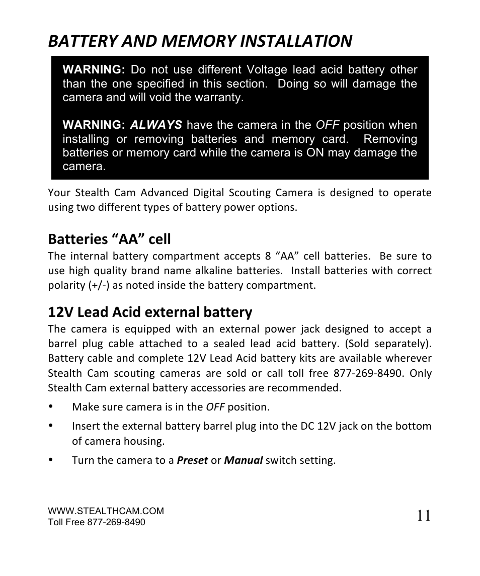 Batteries “aa” cell, 12v lead acid external battery | Stealth Cam STC-SN854NG Sniper Shadow User Manual | Page 11 / 40