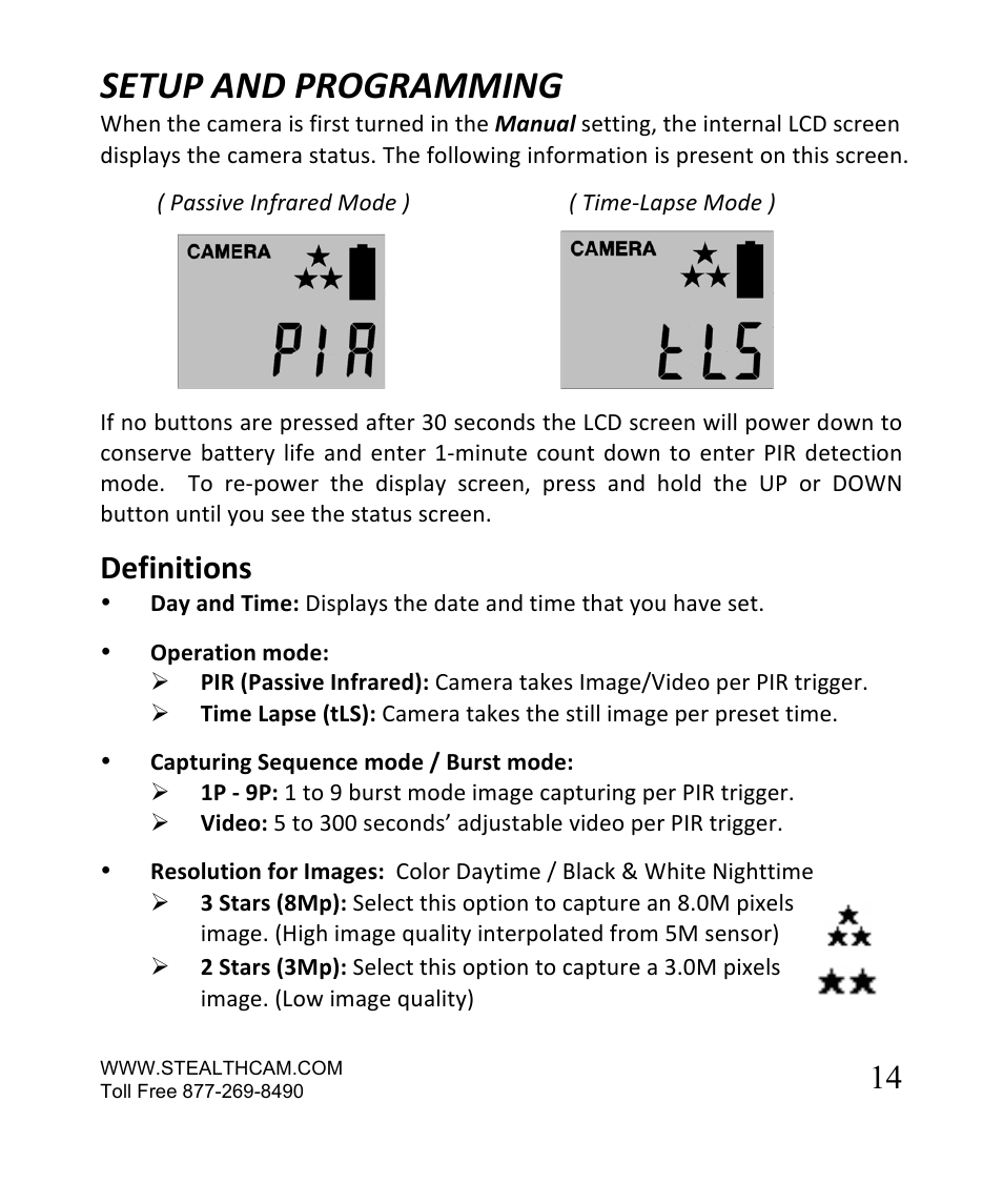 Setup and programming, Definitions | Stealth Cam STC-SN854NG Sniper Shadow User Manual | Page 14 / 40