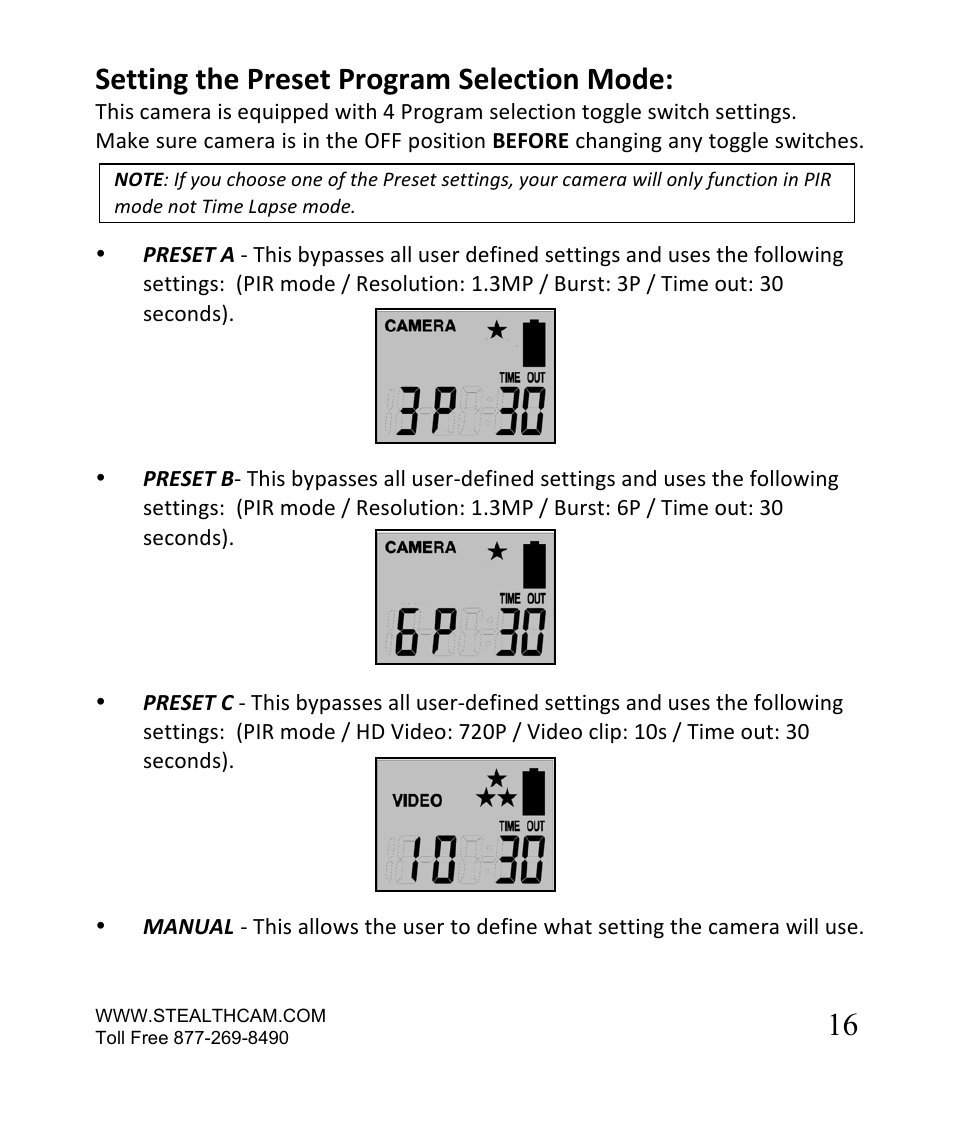 16 setting the preset program selection mode | Stealth Cam STC-SN854NG Sniper Shadow User Manual | Page 16 / 40