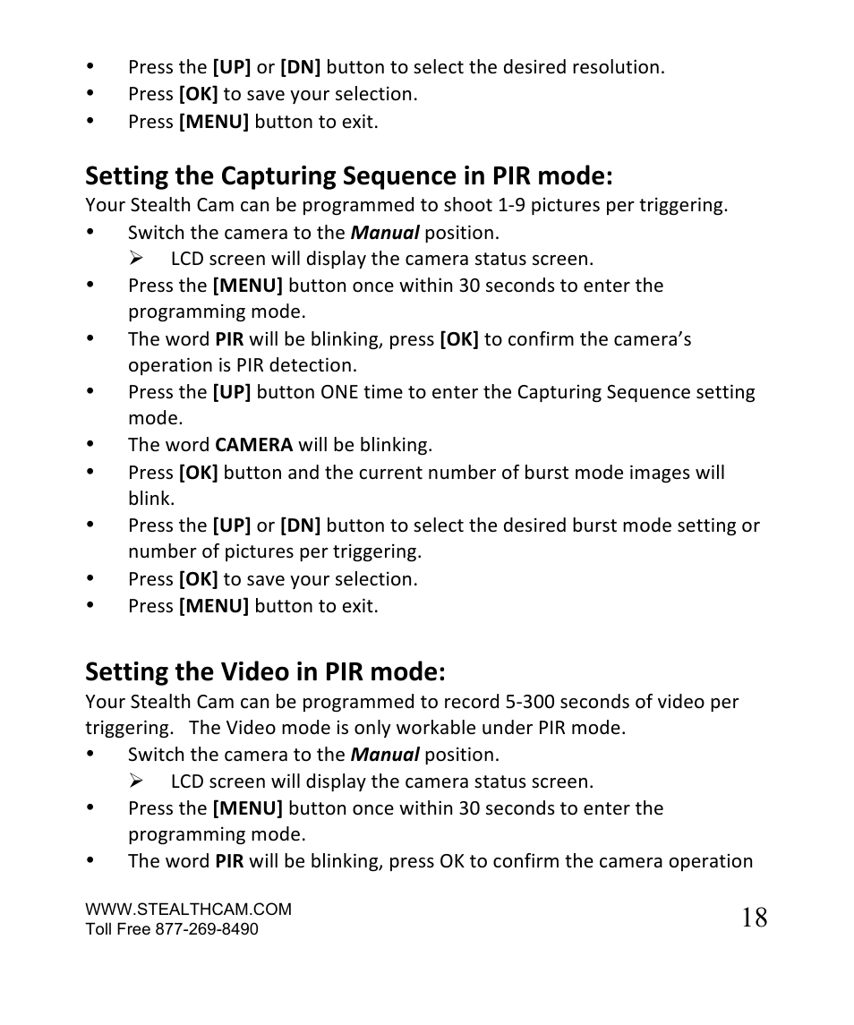 Setting the capturing sequence in pir mode, Setting the video in pir mode | Stealth Cam STC-SN854NG Sniper Shadow User Manual | Page 18 / 40