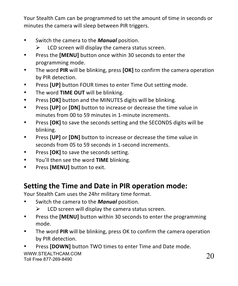 Setting the time and date in pir operation mode | Stealth Cam STC-SN854NG Sniper Shadow User Manual | Page 20 / 40