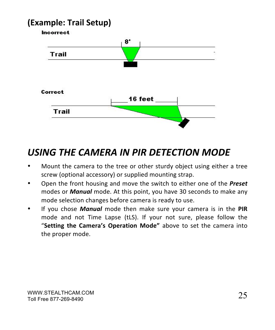 Using the camera in pir detection mode, 25 (example: trail setup) | Stealth Cam STC-SN854NG Sniper Shadow User Manual | Page 25 / 40