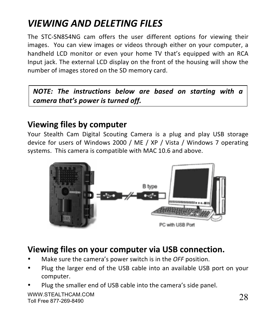 Viewing and deleting files, Viewing files by computer, Viewing files on your computer via usb connection | Stealth Cam STC-SN854NG Sniper Shadow User Manual | Page 28 / 40
