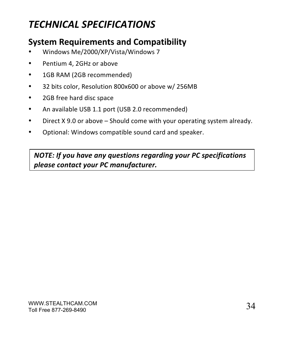 Technical specifications, System requirements and compatibility | Stealth Cam STC-SN854NG Sniper Shadow User Manual | Page 34 / 40