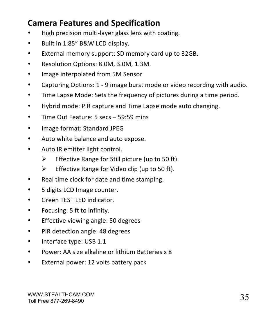 35 camera features and specification | Stealth Cam STC-SN854NG Sniper Shadow User Manual | Page 35 / 40