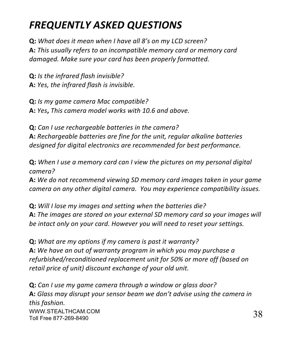 Frequently asked questions | Stealth Cam STC-SN854NG Sniper Shadow User Manual | Page 38 / 40