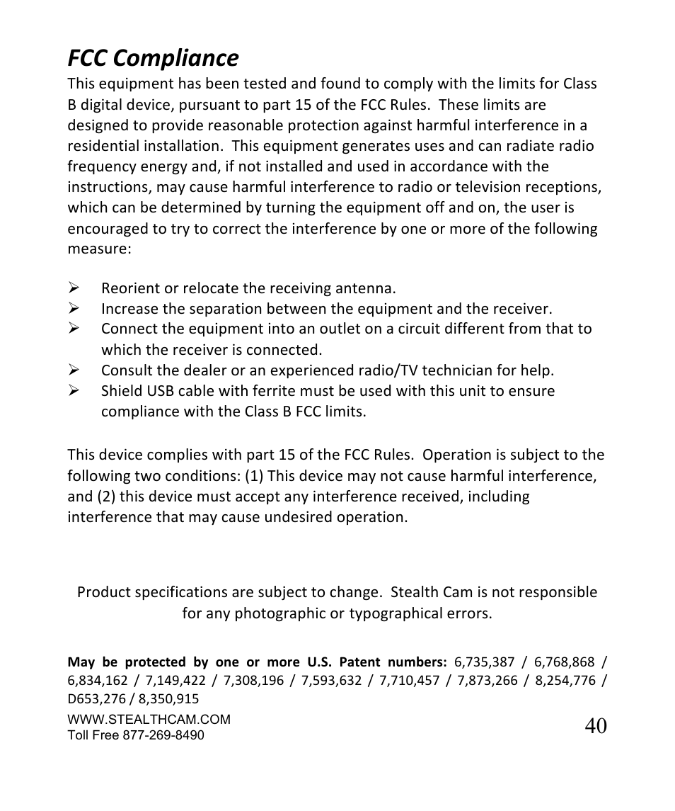 Fcc compliance | Stealth Cam STC-SN854NG Sniper Shadow User Manual | Page 40 / 40