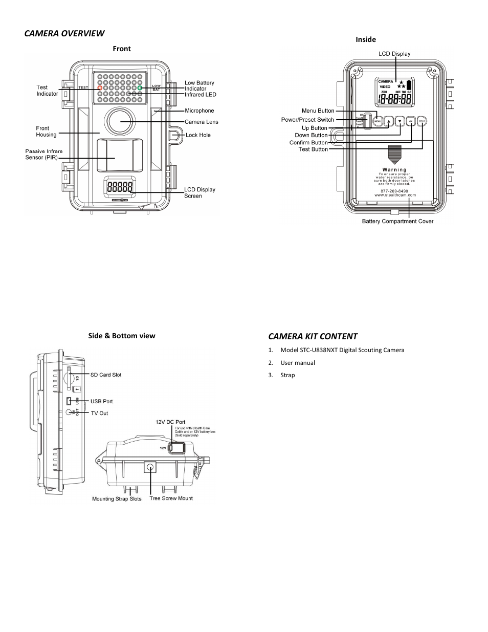 Camera overview, Camera kit content | Stealth Cam STC-U838NXT Unit X User Manual | Page 2 / 10