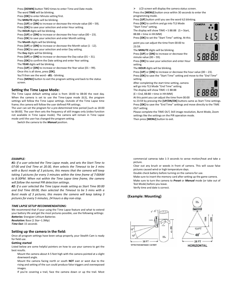Setting the time lapse mode, Setting up the camera in the field, Example: mounting) | Stealth Cam STC-U838NXT Unit X User Manual | Page 6 / 10