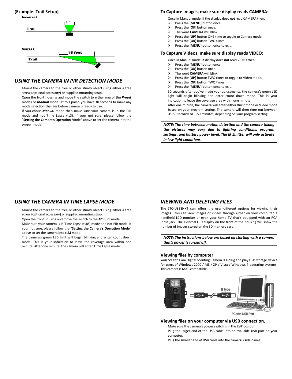 Using the camera in pir detection mode, Using the camera in time lapse mode, Viewing and deleting files | Stealth Cam STC-U838NXT Unit X User Manual | Page 7 / 10