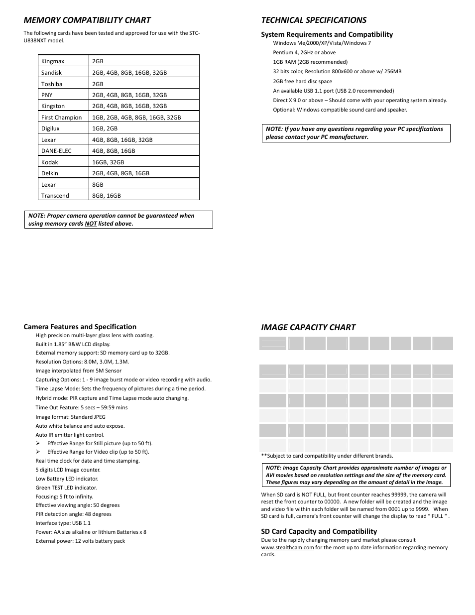 Technical specifications, Image capacity chart, System requirements and compatibility | 35 camera features and specification, Sd card capacity and compatibility | Stealth Cam STC-U838NXT Unit X User Manual | Page 9 / 10