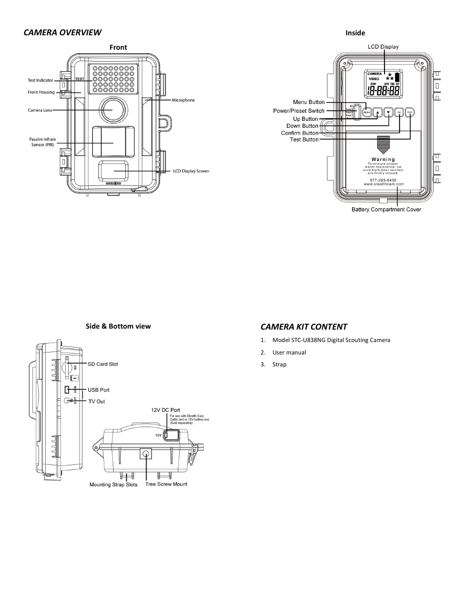 Camera overview, Camera kit content | Stealth Cam STC-U838NG Unit X Ops User Manual | Page 2 / 10