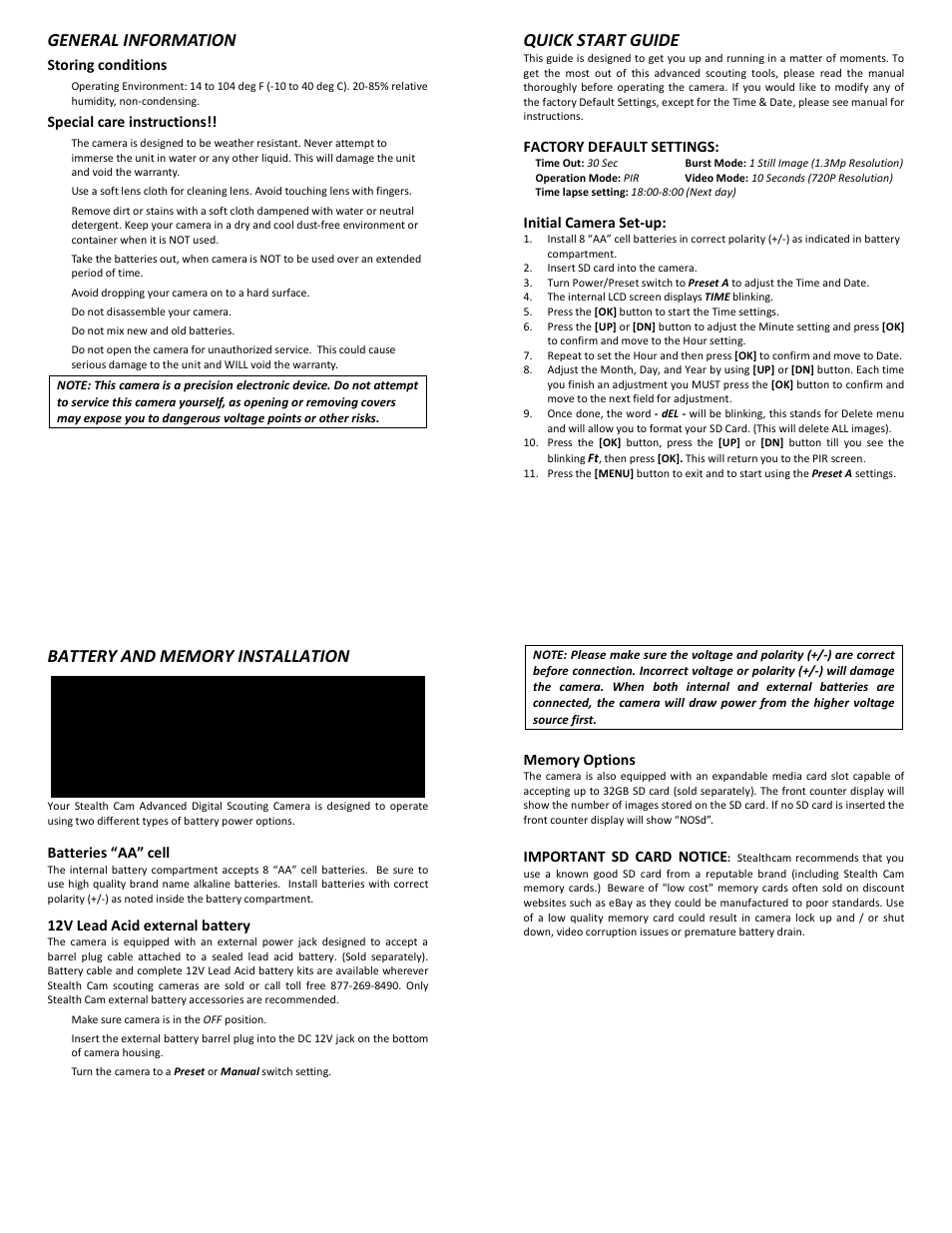General information, Quick start guide | Stealth Cam STC-U838NG Unit X Ops User Manual | Page 3 / 10