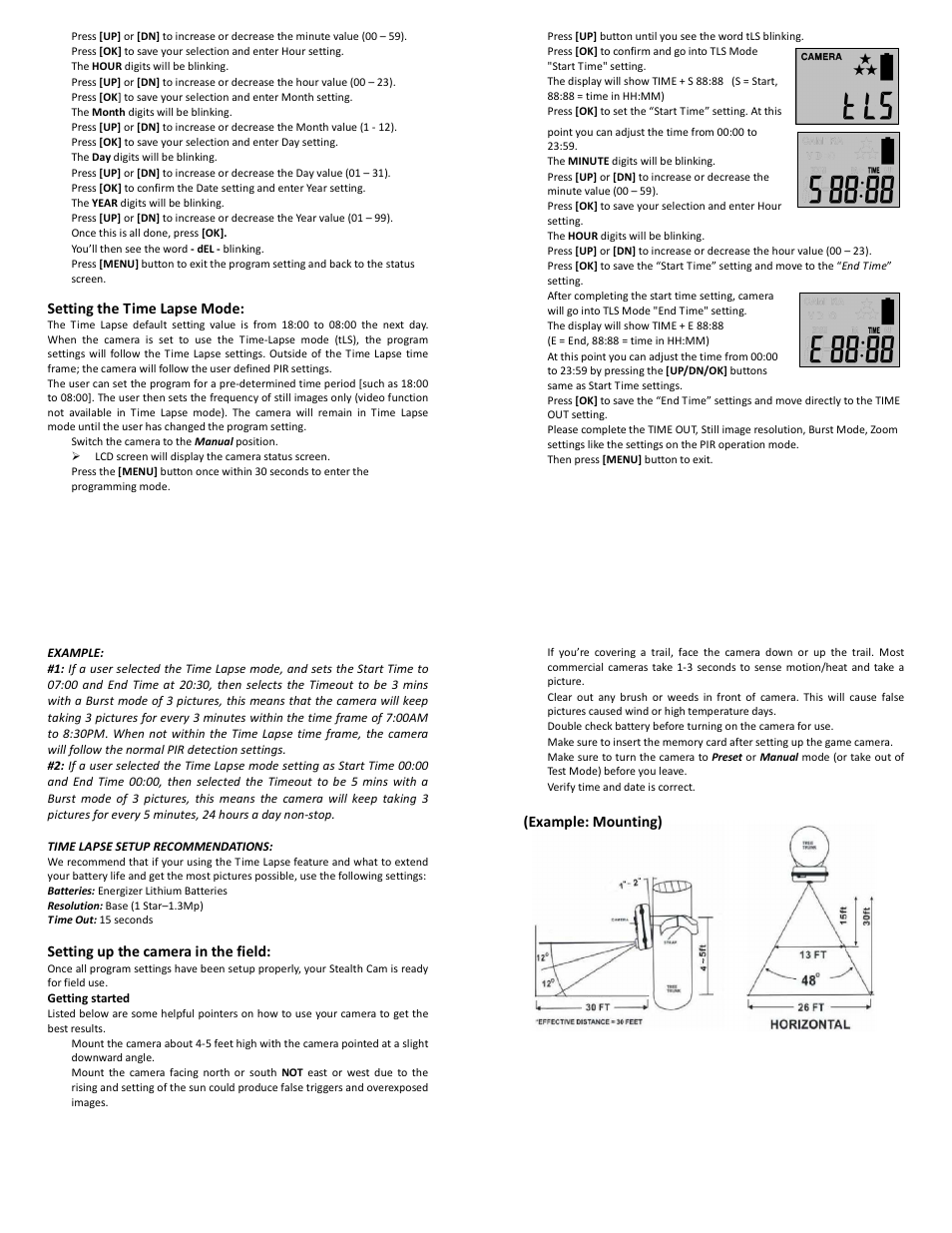 Setting the time lapse mode, Setting up the camera in the field, Example: mounting) | Stealth Cam STC-U838NG Unit X Ops User Manual | Page 6 / 10
