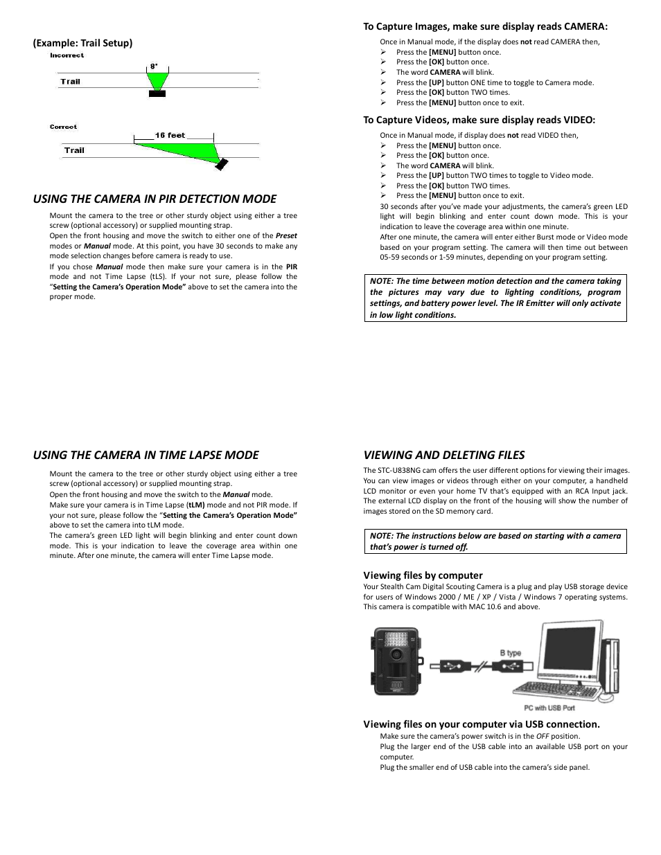 Using the camera in pir detection mode, Using the camera in time lapse mode, Viewing and deleting files | Stealth Cam STC-U838NG Unit X Ops User Manual | Page 7 / 10