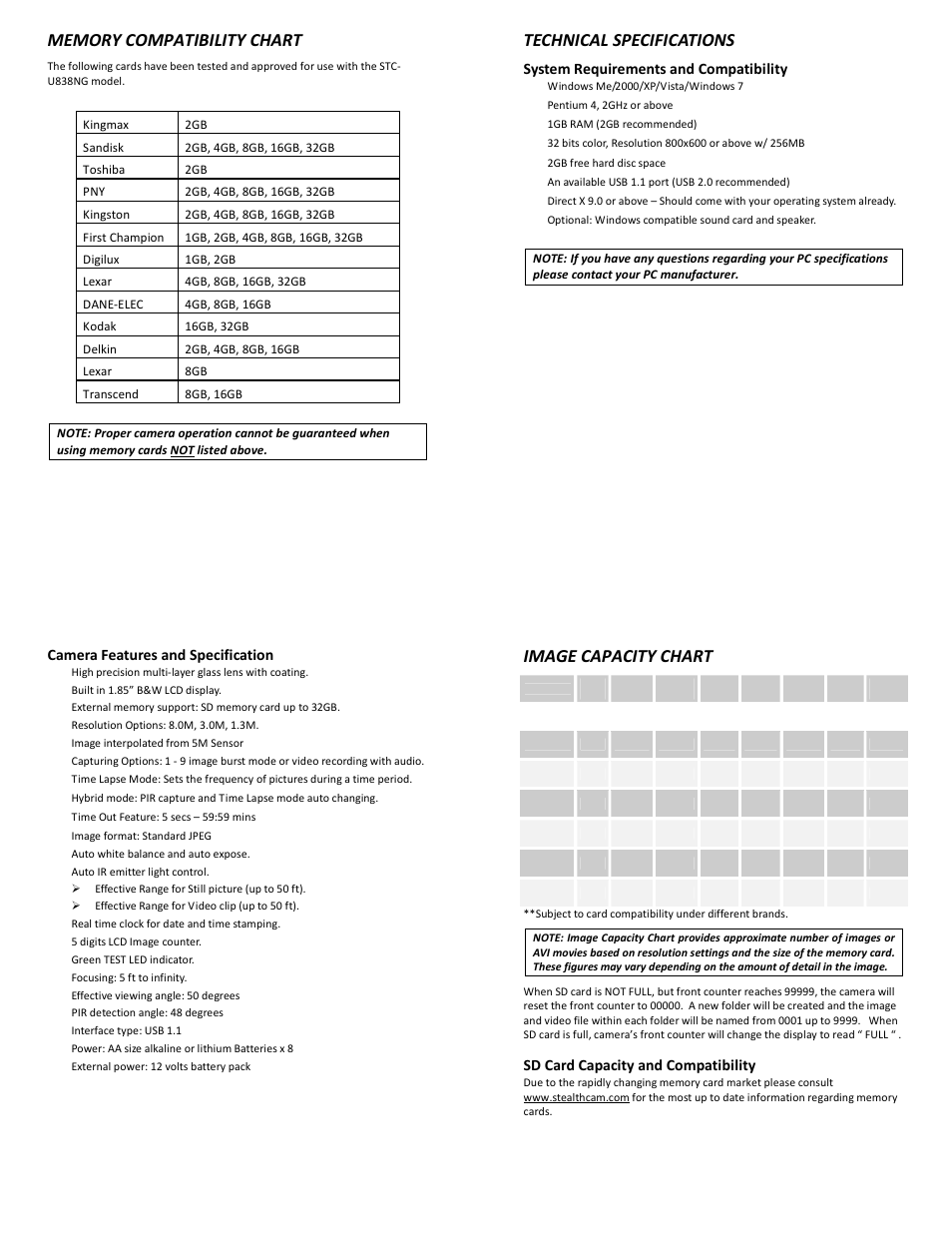 Technical specifications, Image capacity chart, System requirements and compatibility | 35 camera features and specification, Sd card capacity and compatibility | Stealth Cam STC-U838NG Unit X Ops User Manual | Page 9 / 10
