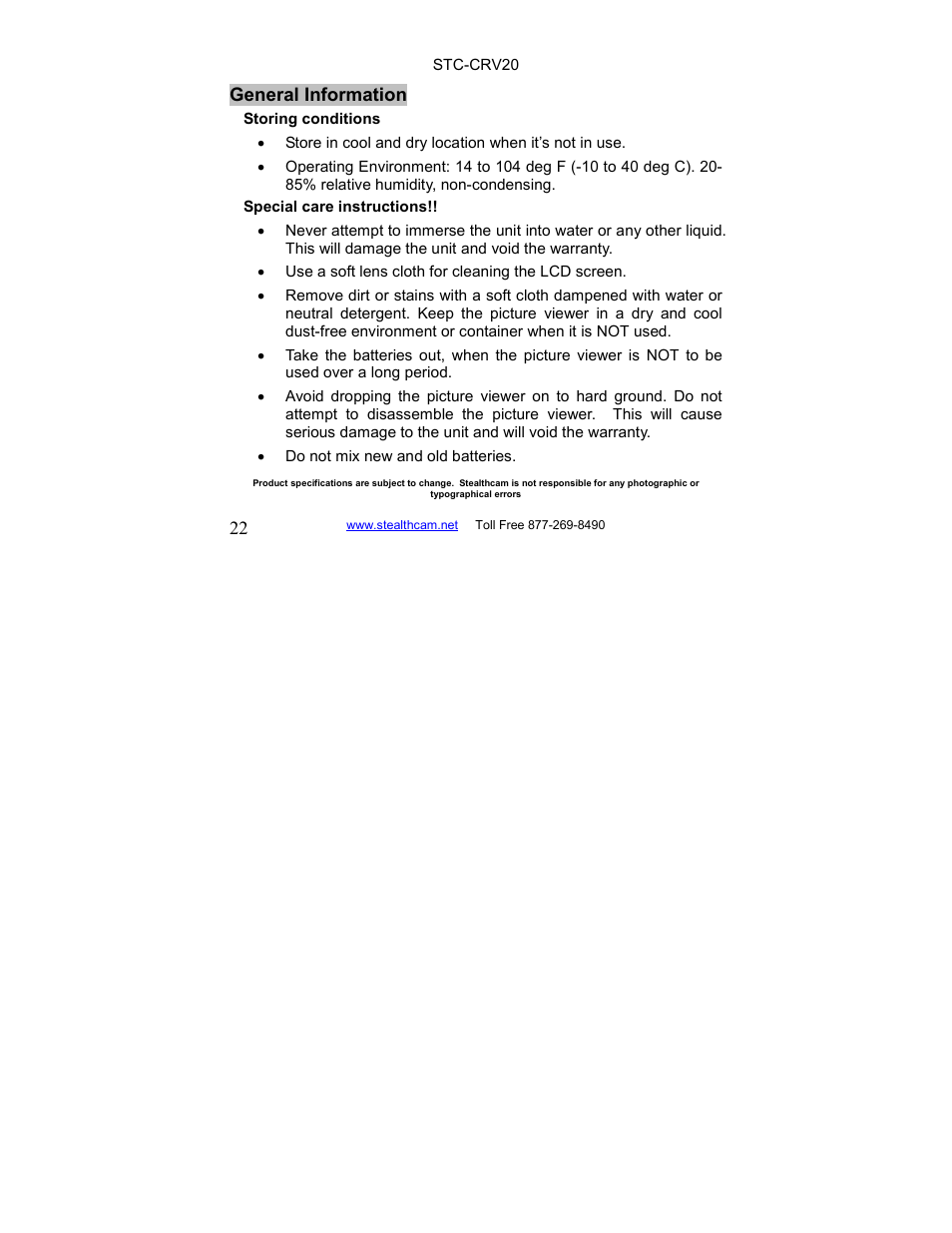 22 general information | Stealth Cam STC-CRV20 LCD Memory Card Viewer User Manual | Page 22 / 22
