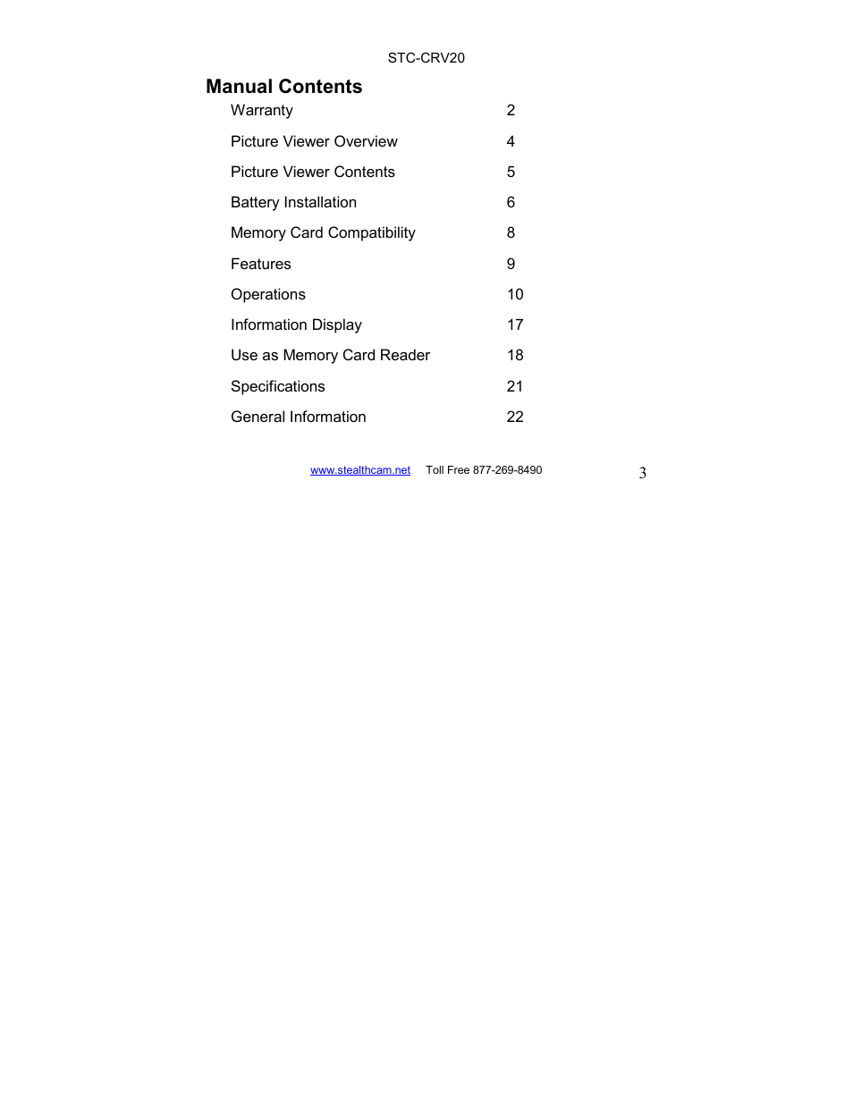 Manual contents | Stealth Cam STC-CRV20 LCD Memory Card Viewer User Manual | Page 3 / 22