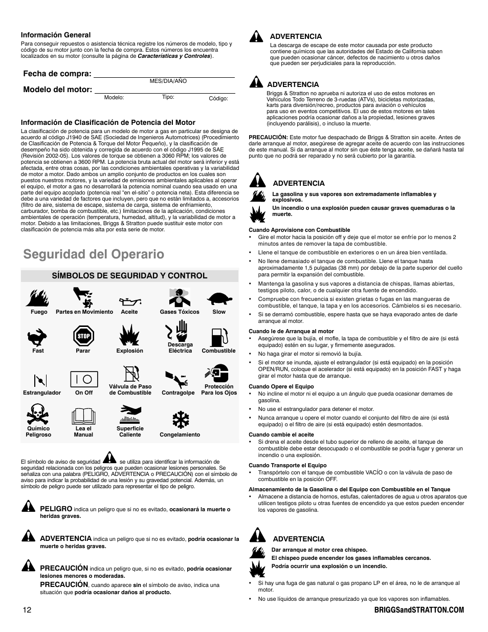 Seguridad del operario, Fecha de compra: modelo del motor, Símbolos de seguridad y control | Información general, Información de clasificación de potencia del motor, Peligro, Advertencia, Precaución | Briggs & Stratton 100000 User Manual | Page 12 / 28