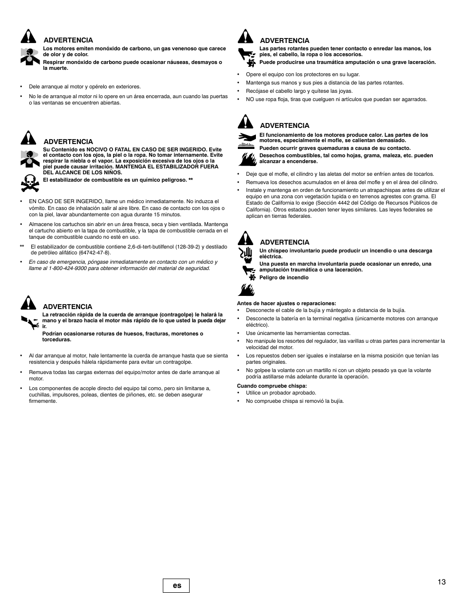 13 es, Advertencia | Briggs & Stratton 100000 User Manual | Page 13 / 28