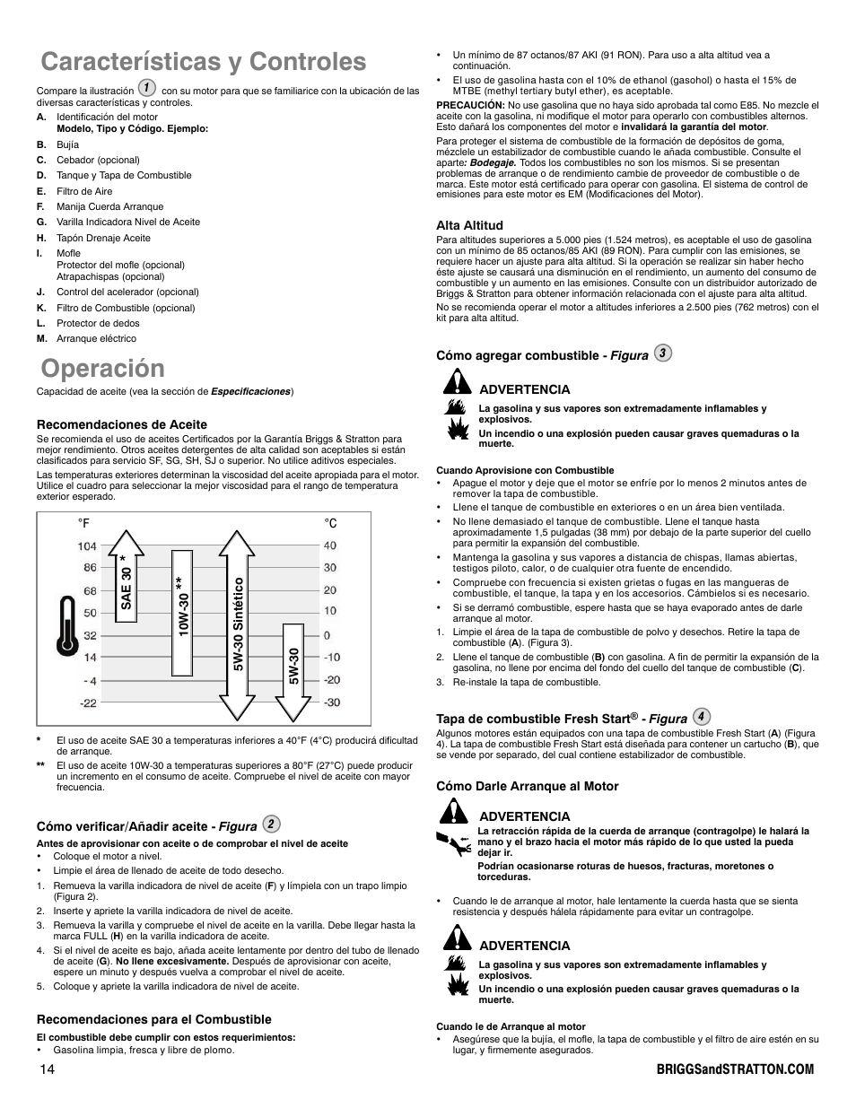 Características y controles, Operación | Briggs & Stratton 100000 User Manual | Page 14 / 28