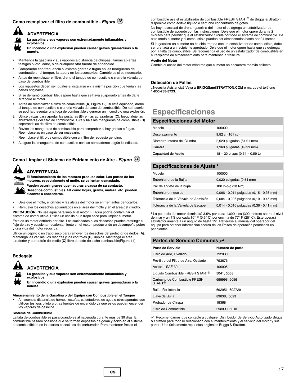 Especificaciones, 17 es, Especificaciones del motor | Especificaciones de ajuste, Partes de servicio comunes n, Advertencia, Bodegaje advertencia, Detección de fallas | Briggs & Stratton 100000 User Manual | Page 17 / 28
